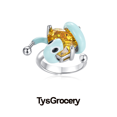 TysGrocery 23 Faux2 珐琅卡通蛇桃心宝石戒指 开口戒