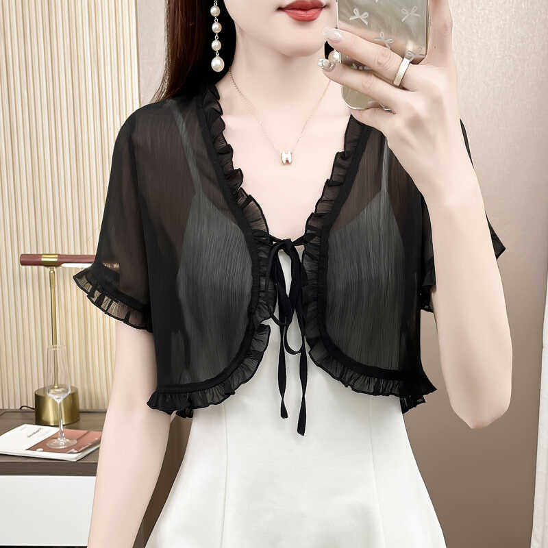 夏季薄款小披肩配裙子外搭短袖开衫女防晒衣雪纺坎肩外套空调罩衫