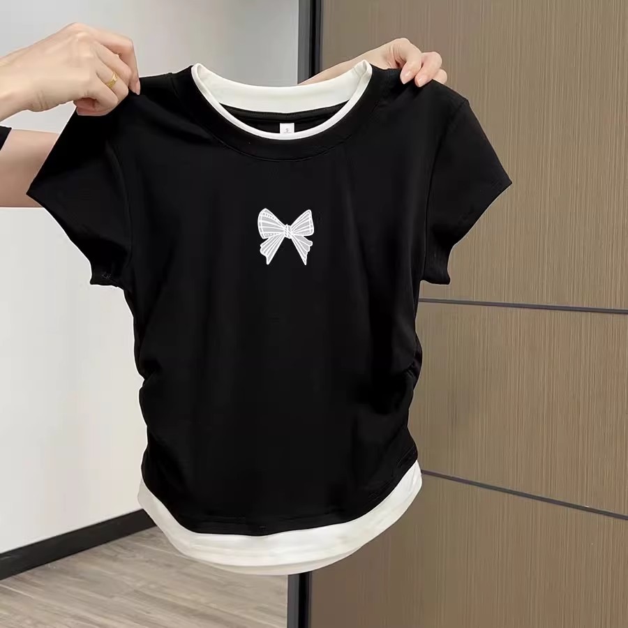 女童夏季短袖T恤纯棉蝴蝶结印花假两件套拼色洋气中大童圆领上衣