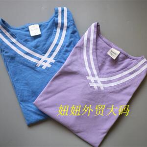 妞妞外贸大码夏复古知性休闲V领短袖T恤宽松大码五分袖t恤女学生