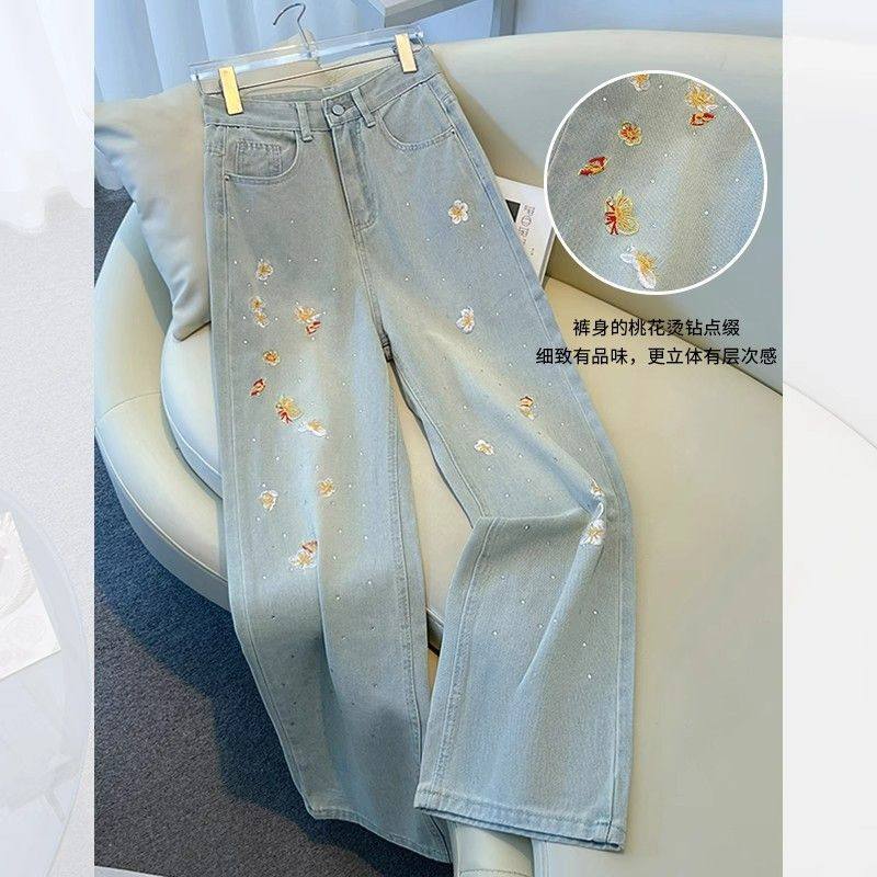新中式国风刺绣直筒牛仔裤女