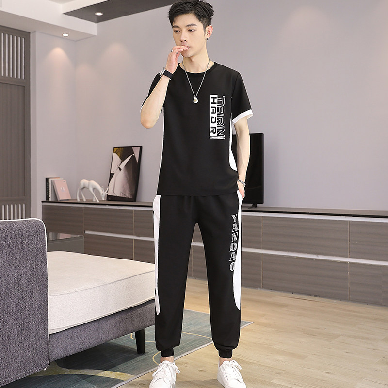 新款时尚短袖套装黑色运动套装长裤字母夏季男款撞色