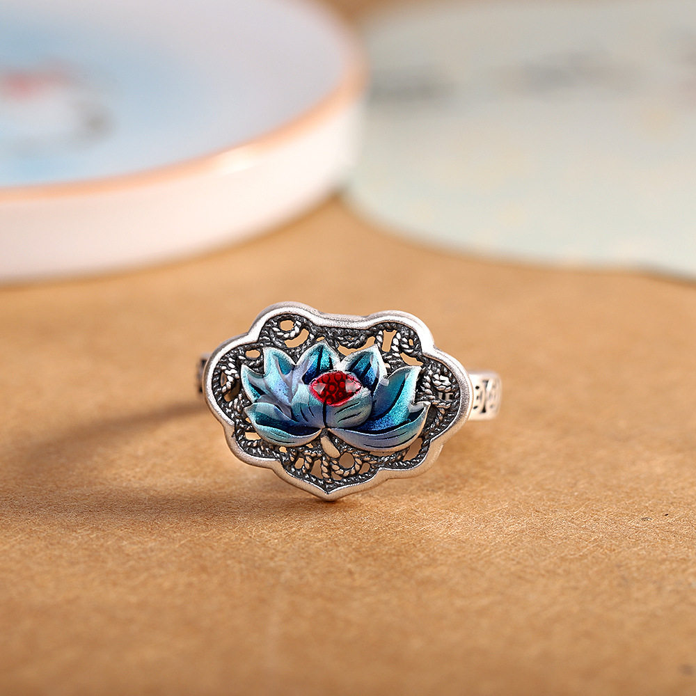 珐琅蓝莲花掐丝戒指女士复古国潮民族风高级感时尚百搭活口指环,饰品/流行首饰/时尚饰品新,银饰戒指,淘宝优惠券,粉丝福利购,淘宝优惠卷