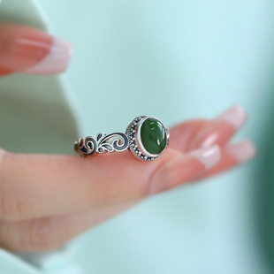 碧绿圆形戒指女唐草纹复古民族风气质优雅小众原创设计感开口指环