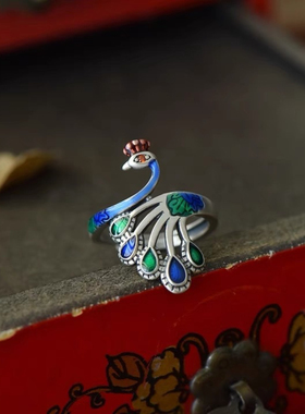 复古民族风纯银珐琅烧蓝孔雀戒指