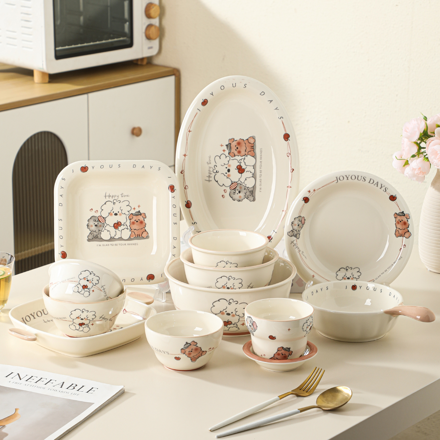 线条小狗陶瓷釉下彩餐具