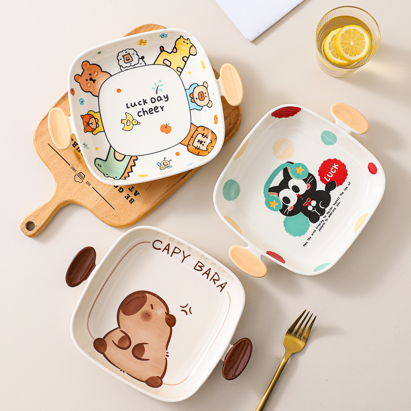 卡通双耳正方陶瓷盘家用菜盘子