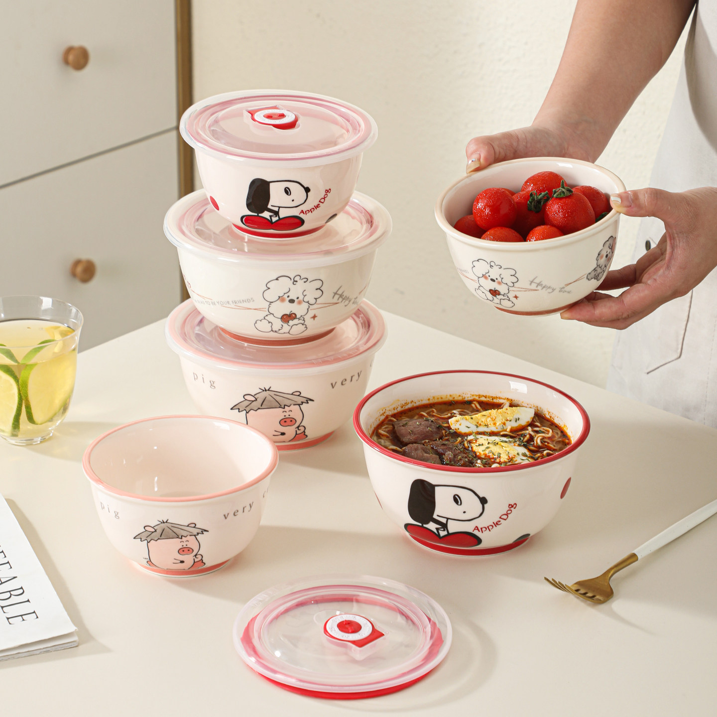 釉下彩陶瓷泡面碗带盖家用米饭碗餐具卡通水果酸奶碗个人专用碗,餐饮具,碗,淘宝优惠券,粉丝福利购,淘宝优惠卷