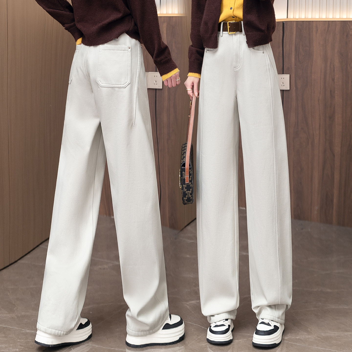 米白色加绒弯刀牛仔裤女秋冬2025新款超好看裤子小个子窄版阔腿裤,女装/女士精品,牛仔裤,淘宝优惠券,粉丝福利购,淘宝优惠卷