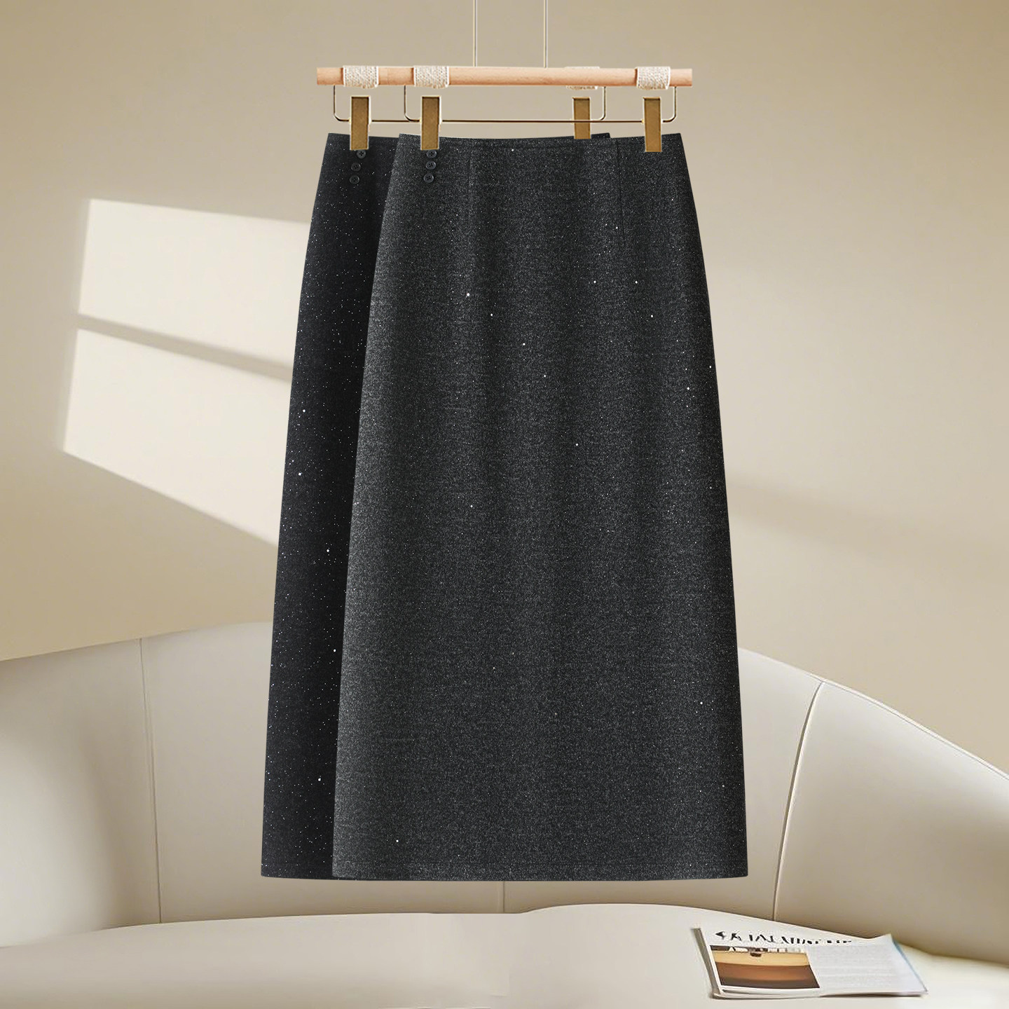 黑色羊毛呢半身裙女秋冬2025新款高腰显瘦直筒裙加绒包臀一步裙子