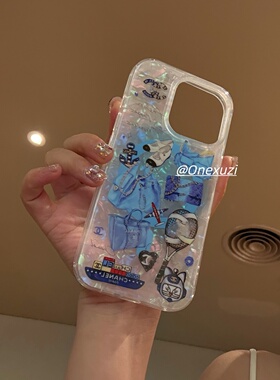蓝色母贝小香风名媛高奢少女适用iPhone17promax磁吸小飞马支架16pro手机壳15苹果14链条13