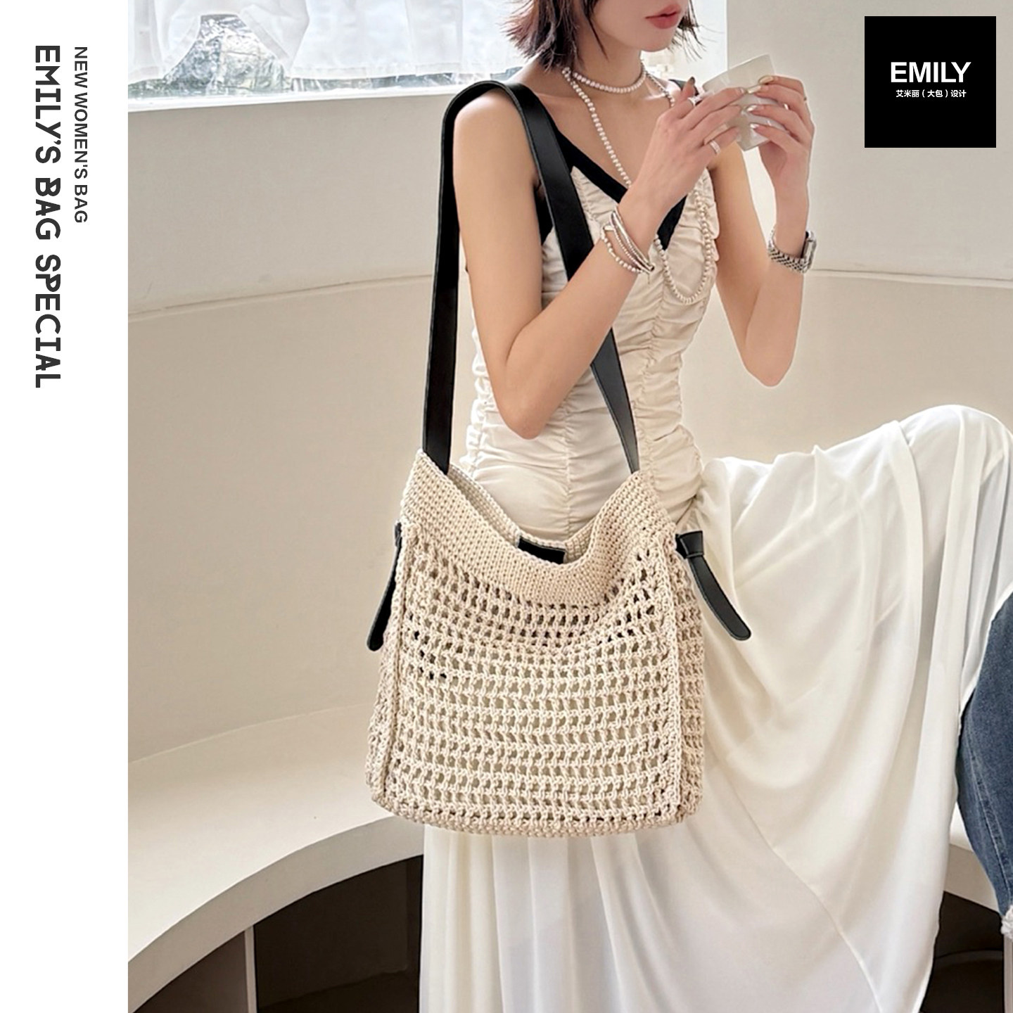 新款蜡绳编织牛皮宽肩带女包复古休闲通勤大容量托特包单肩斜挎潮