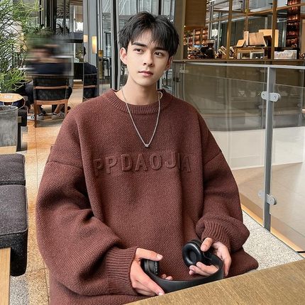 秋冬季韩版钢印圆领毛衣男生大码打底内搭针织衫套头加绒大码外套