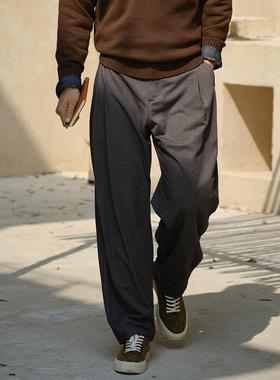 收留原创男士春秋厚款休闲裤花灰色羊毛混纺品质休闲慵懒通勤长裤