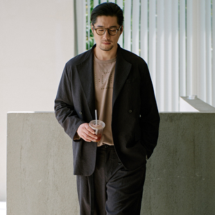 翻领宽松原宿无性别休闲西装 收留原创男士 春秋黑色便西亚麻新中式