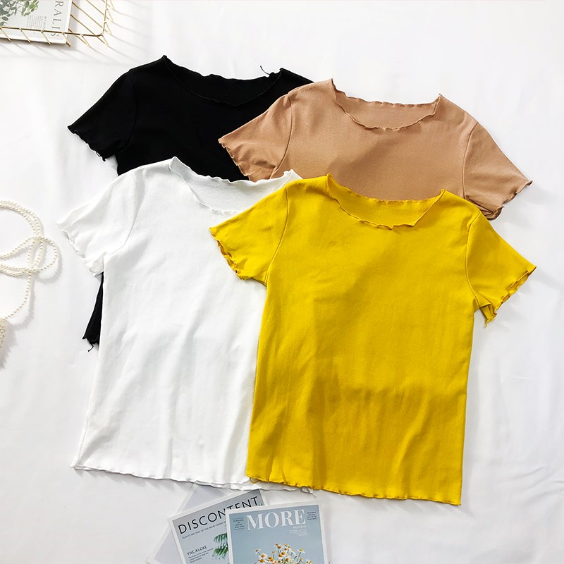 韩版简约百搭短袖T恤女夏季2019新款修身显瘦木耳边体恤短款上衣|ruв категории Женская одежда, футболка - от Buy2taobao.com для оказания профессиональной услуги покупки агента Taobao