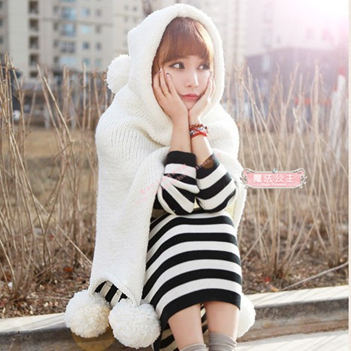 毛球针织披肩斗篷韩版女巫连帽