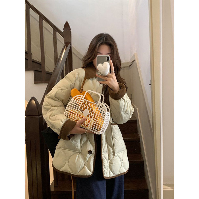 2025新款棉服女韩系短款撞色潮设计翻领撞色菱格冬季外套轻薄显瘦