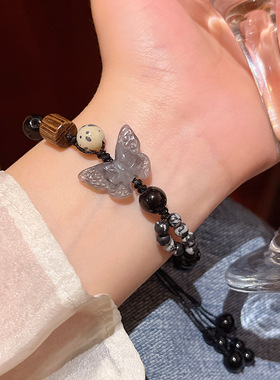 新中式中古风复古蝴蝶手链女高级感抽拉式黑色串珠手串手饰品批发