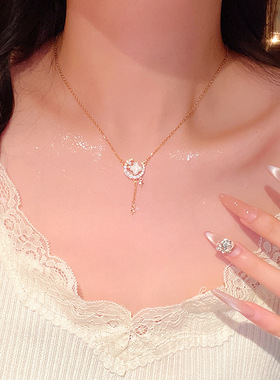 韩系甜美气质星月锆石钛钢项链女小众时尚百搭气质长款流苏锁骨