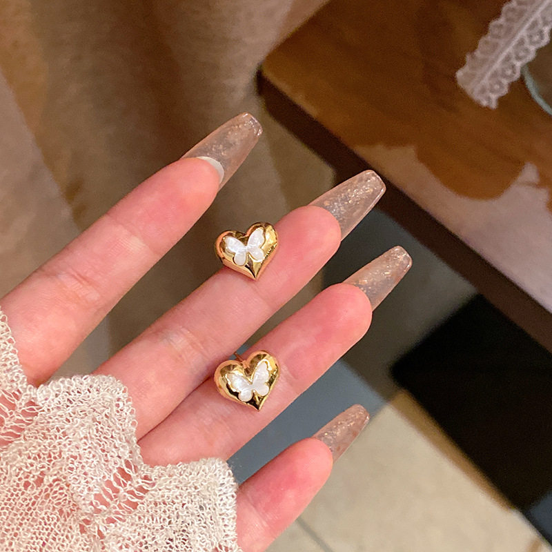 小香风金属感桃心耳钉女轻奢小众甜美气质贝壳蝴蝶耳环网红耳