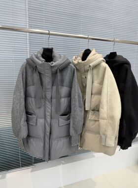 2025秋冬新款欧韩连帽拼接中长款羽绒服女韩版宽松显瘦羊毛外套女