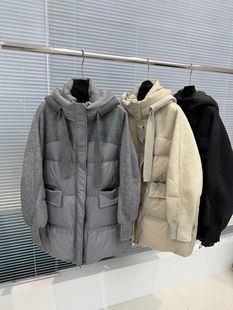 宽松显瘦羊毛外套女 羽绒服女韩版 2025秋冬新款 欧韩连帽拼接中长款