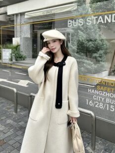 2025秋冬韩国东大门羊毛大衣中长款 宽松显瘦拼色围巾羊毛外套女