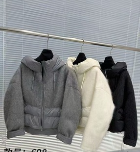 2025秋冬高端拉绒连帽短款 宽松显瘦羊毛外套女 拼接羽绒服女韩版