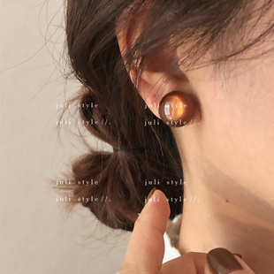 橘里 琥珀色圆形耳钉猫眼气质复古简约百搭耳环耳饰 S925纯银针