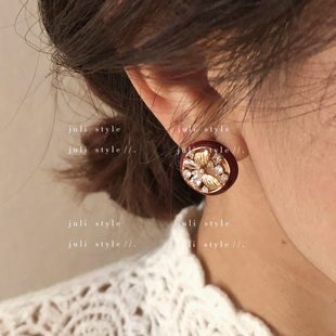 镶钻金色气质耳饰 轻奢风圆形蝴蝶耳钉复古法式 橘里 S925纯银针