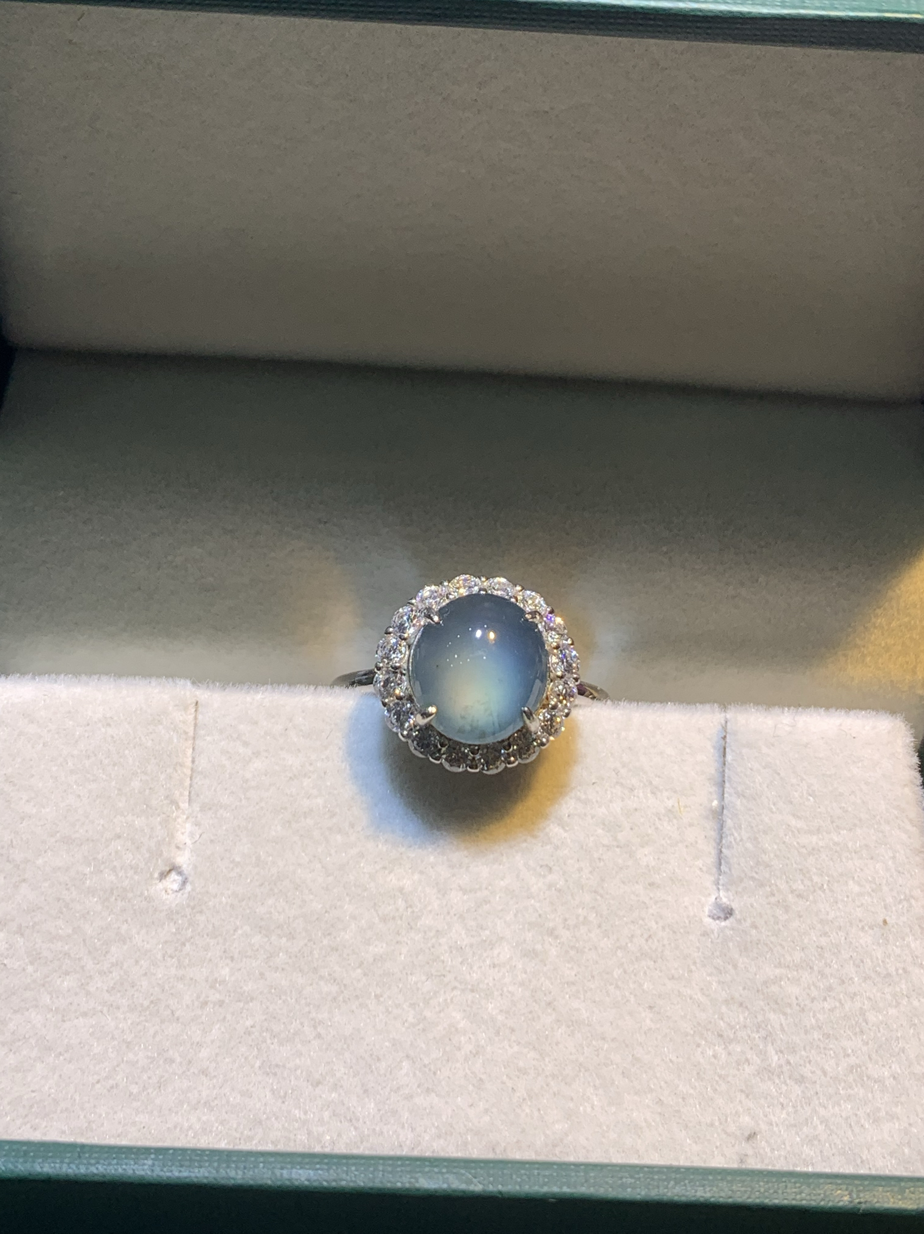 许公子家天然A货翡翠冰种蓝底蛋面戒指银镶戒指圈口可调节