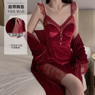 性感蕾丝透视深加胸垫甜美诱惑睡裙外袍丝绒家居服套装
