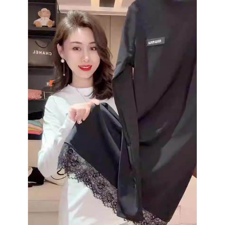 欧洲站蕾丝拼接纯棉长袖T恤女秋T恤
