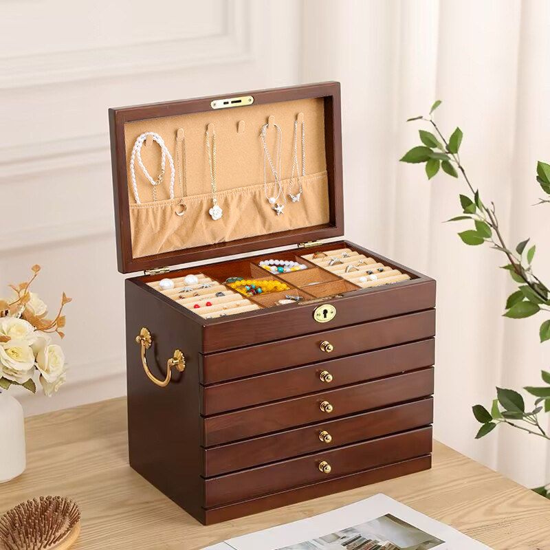 耳钉首饰盒中式耳环带锁盒古典实木项链大容量收纳盒饰品结婚