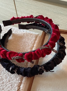2005新年发饰复古红色丝绒蝴蝶结水钻高颅顶发箍秋冬带齿防滑头箍