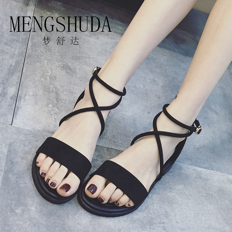 大码凉鞋女41-43平底2019夏季韩版百搭交叉绑带仙女风潮女鞋40 42