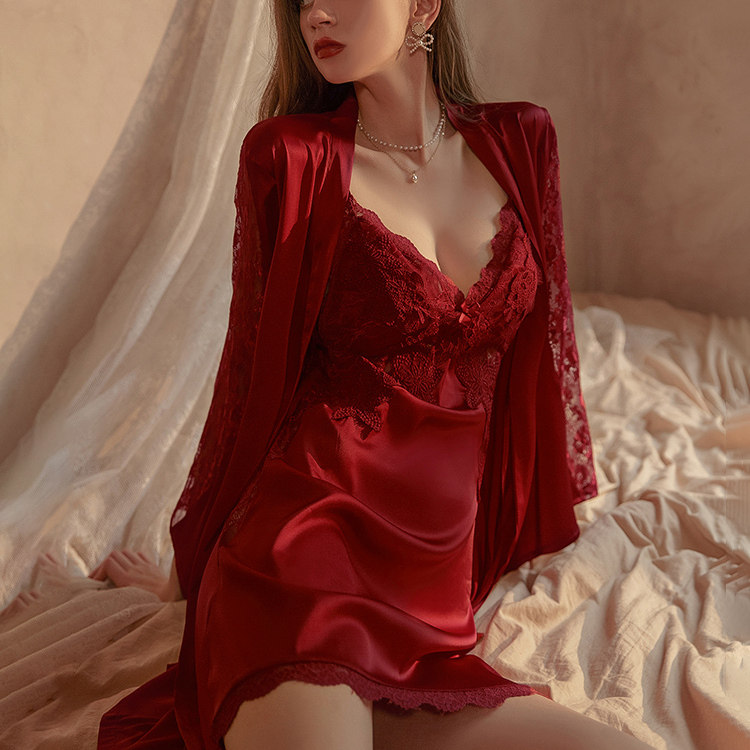 维多利亚性感睡衣女夏季2025新款冰丝红色带胸垫吊带睡裙睡袍套装