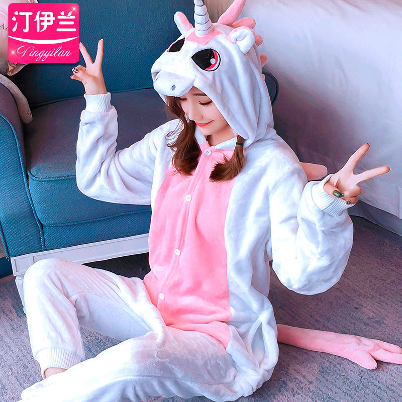 独角兽睡衣女连体卡通套装家居服长袖秋冬季加厚法兰绒珊瑚绒可爱
