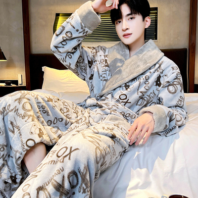 睡袍睡衣男秋冬季加厚珊瑚绒大码外穿浴袍保暖长袖春秋法兰绒新款