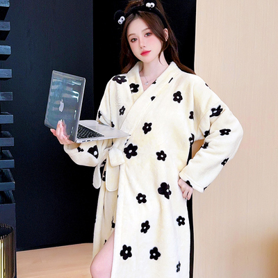 和服睡袍女秋冬季加厚珊瑚绒保暖长袖春秋法兰绒新款睡衣外穿浴袍