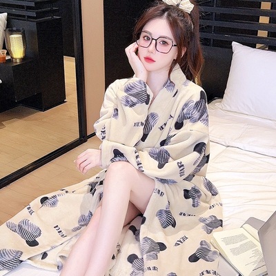 和服睡袍女秋冬季加厚珊瑚绒保暖长袖春秋法兰绒新款睡衣外穿浴袍