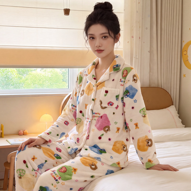 睡衣女秋冬季加厚套装家居服保暖长袖春秋新款珊瑚绒法兰绒可外穿图片