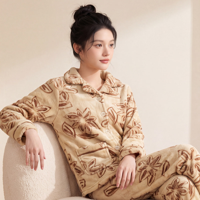 睡衣女秋冬季加厚套装家居服保暖长袖春秋新款珊瑚绒法兰绒可外穿