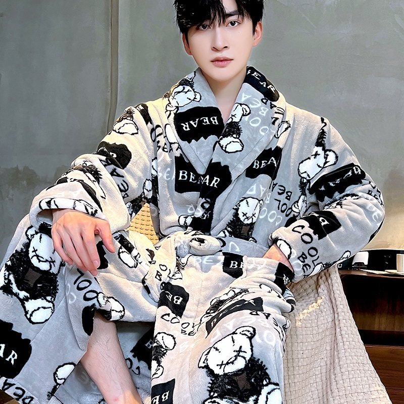 睡袍睡衣男秋冬季加厚珊瑚绒大码外穿浴袍保暖长袖春秋法兰绒新款