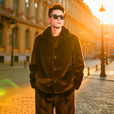 仿貂加厚睡衣家居服男士外穿套装冬季加绒保暖绿色皮草