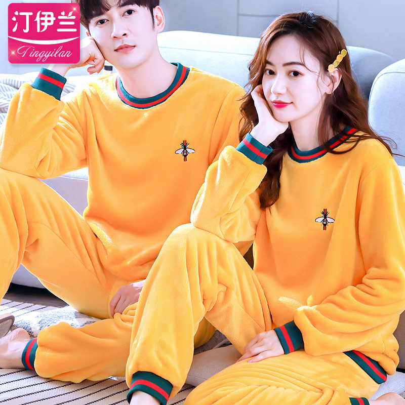 潮款情侣睡衣加厚秋冬天珊瑚绒套装长袖男女家居服法兰绒圆领韩版