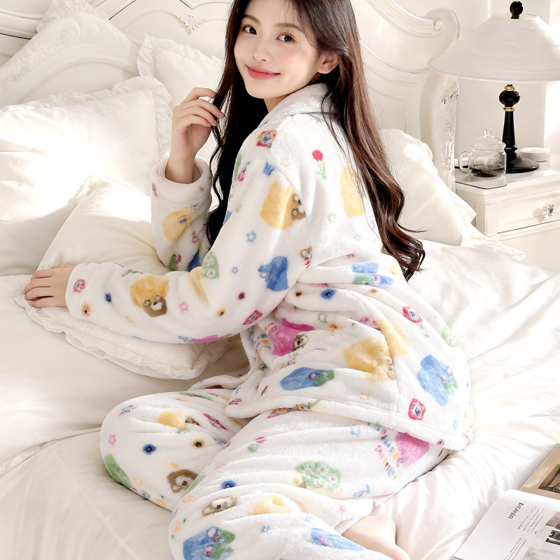 汀伊兰睡衣女秋冬季加厚套装家居服保暖长袖春秋新款珊瑚绒法兰绒