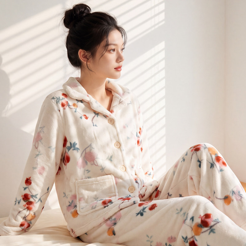 睡衣女秋冬季加厚套装家居服保暖长袖春秋新款珊瑚绒法兰绒可外穿