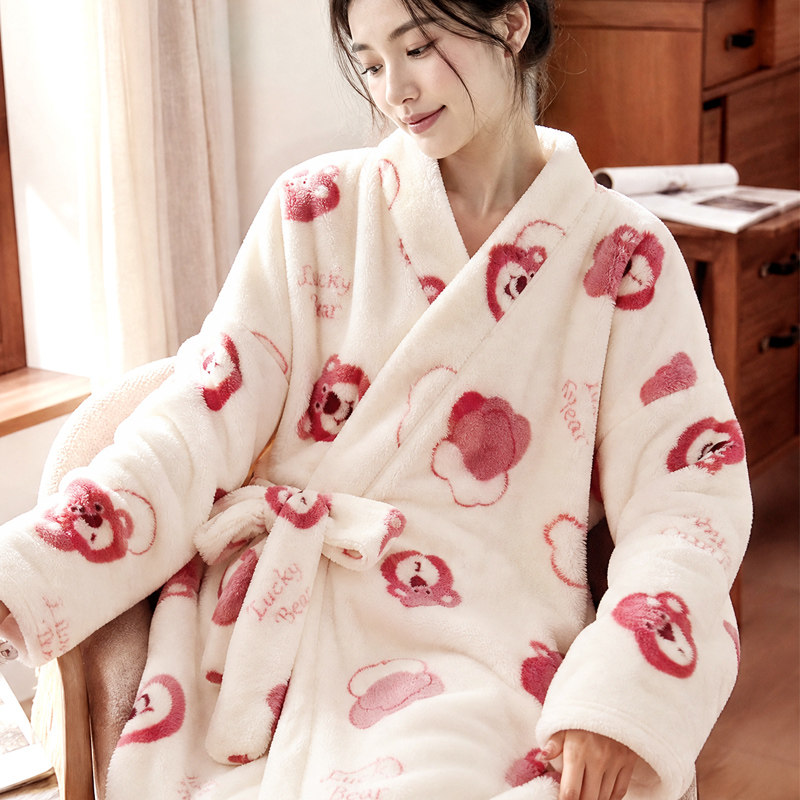 和服睡袍女秋冬季加厚珊瑚绒保暖长袖春秋法兰绒新款睡衣外穿浴袍